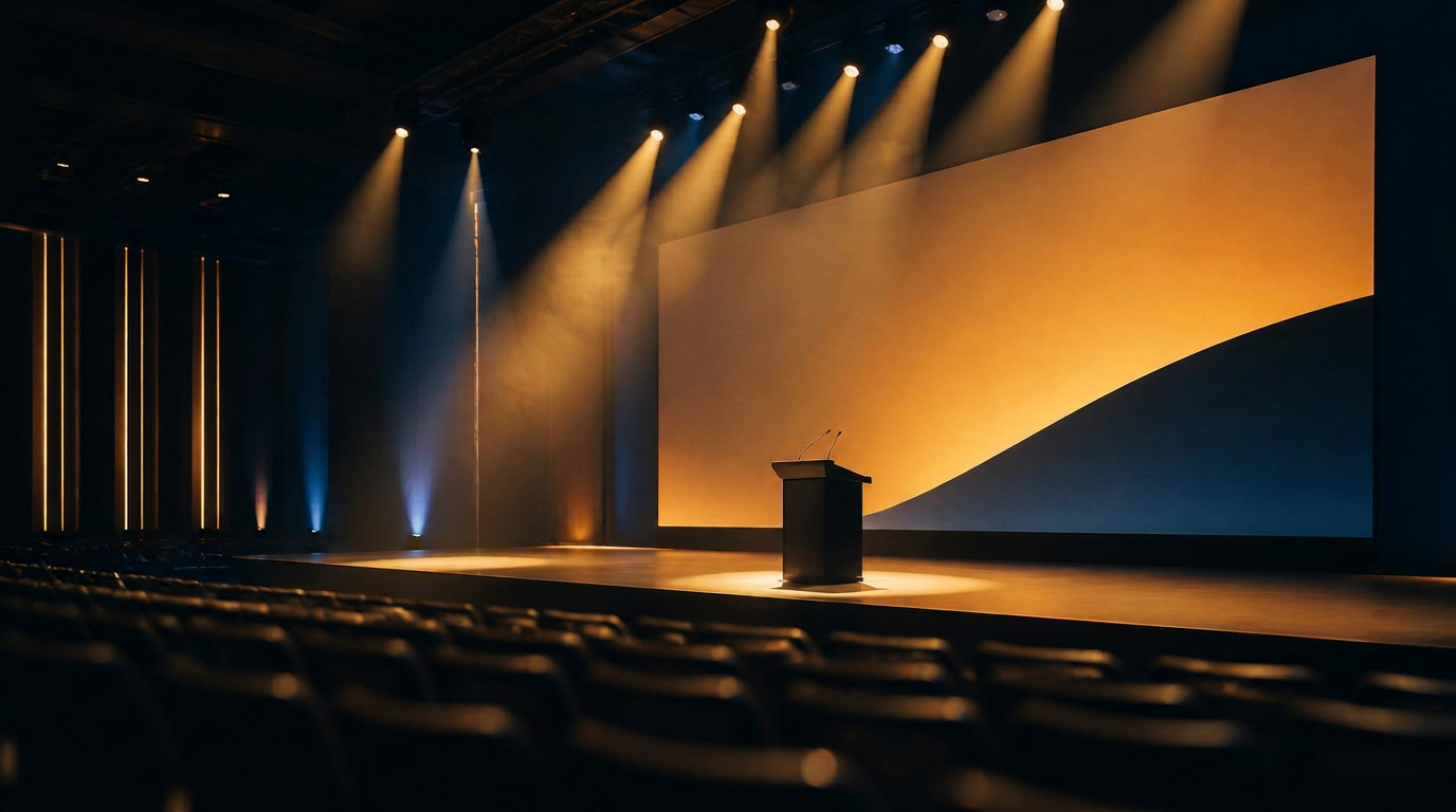 Modern keynote conference stage with spotlit lectern, warm amber and ink-navy lighting